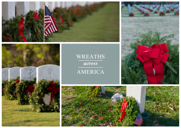 Collage of photos of wreaths placed in cemeteries.
